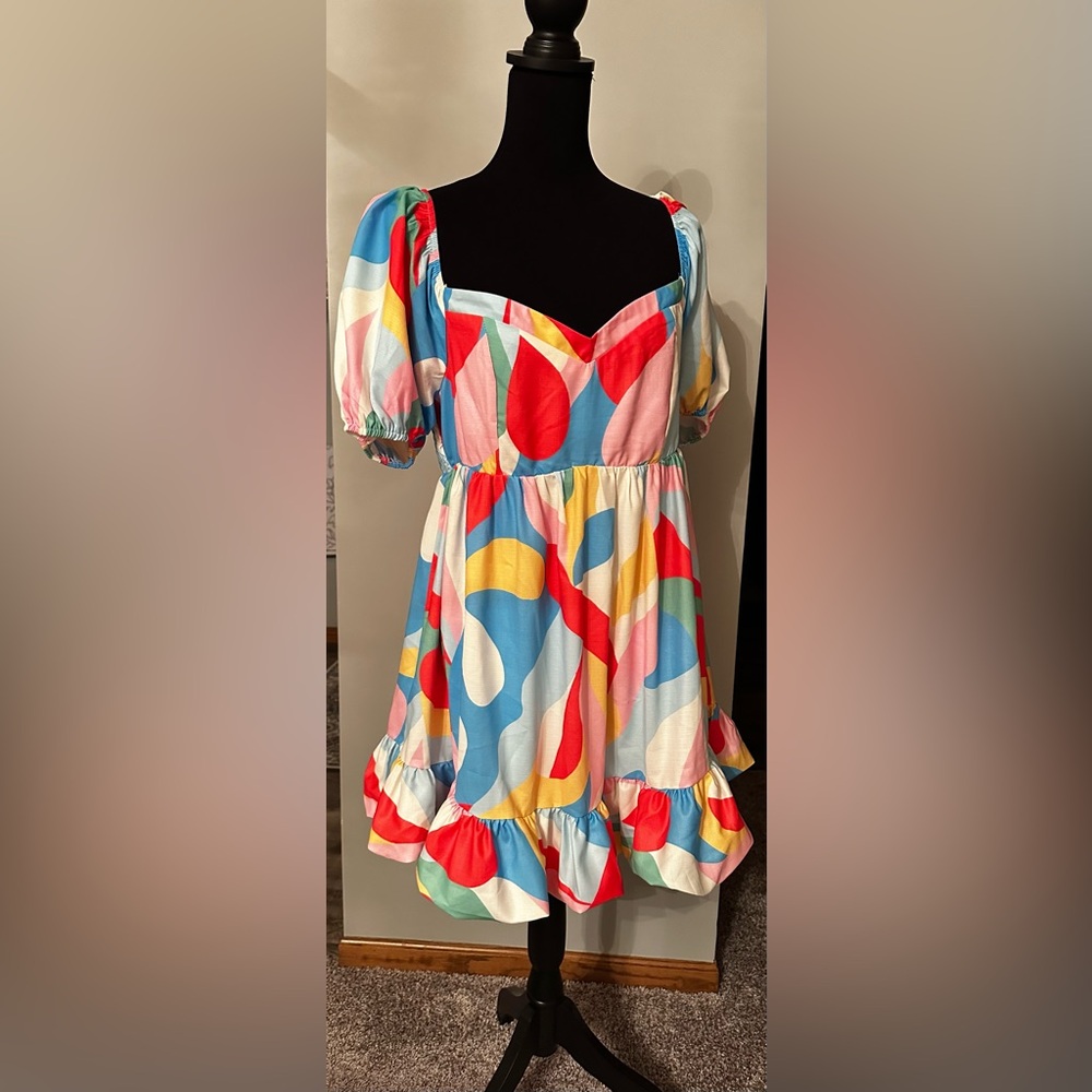 Flying Tomato Pink and Blue Puff Sleeve Sundress